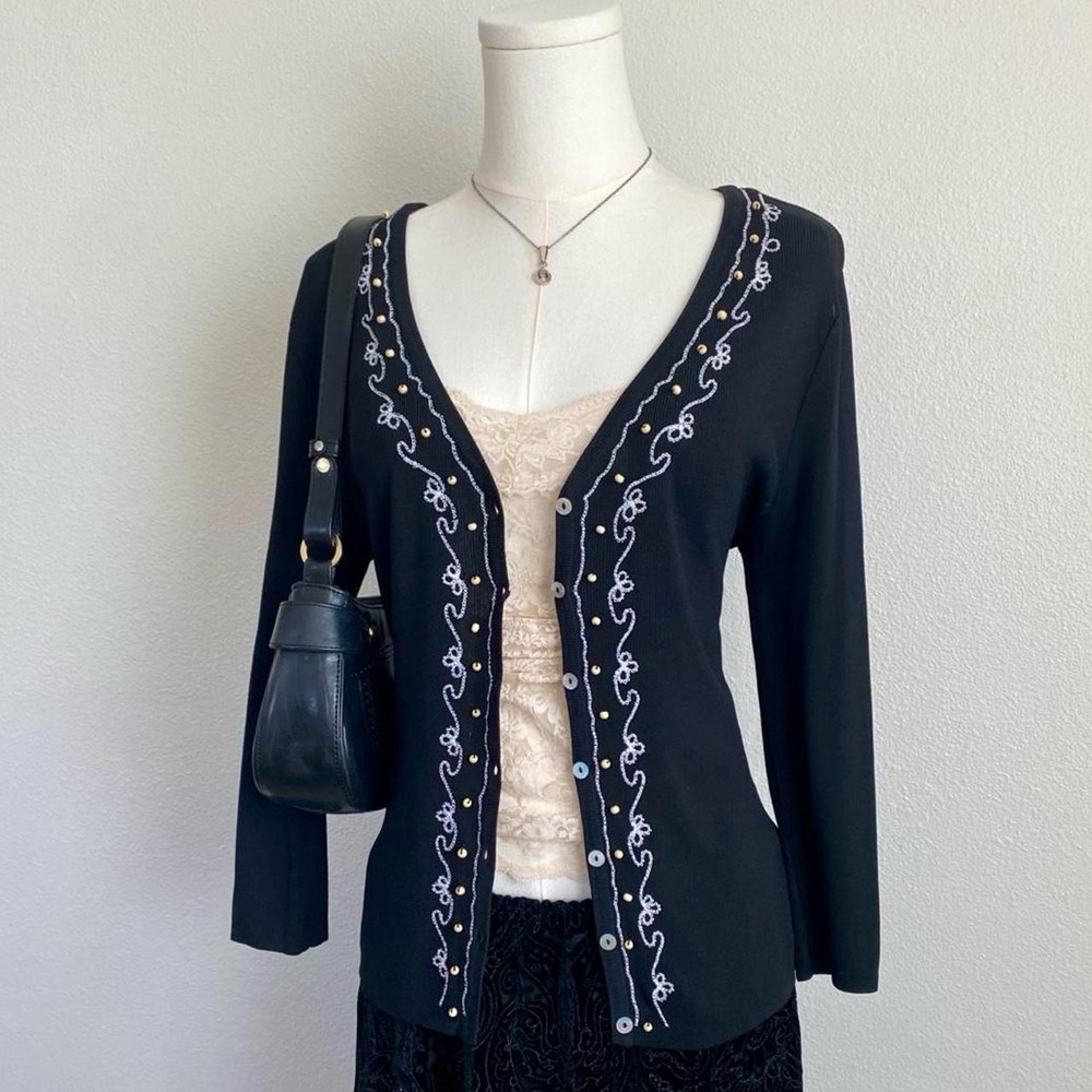Vintage Finity Black Beaded Button Cardigan Sweater Long Sleeve